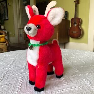 Vintage 1978 Fun Farm Red Reindeer Plush Beaded‎ Necklace Bell 9.5”x6” Christmas